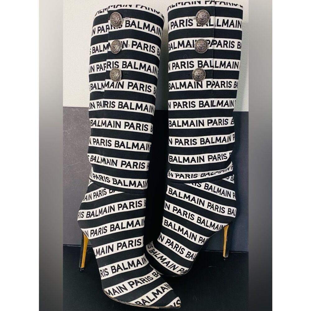 Balmain Jane 95 Striped Logo Boots with certificate of authenticity
